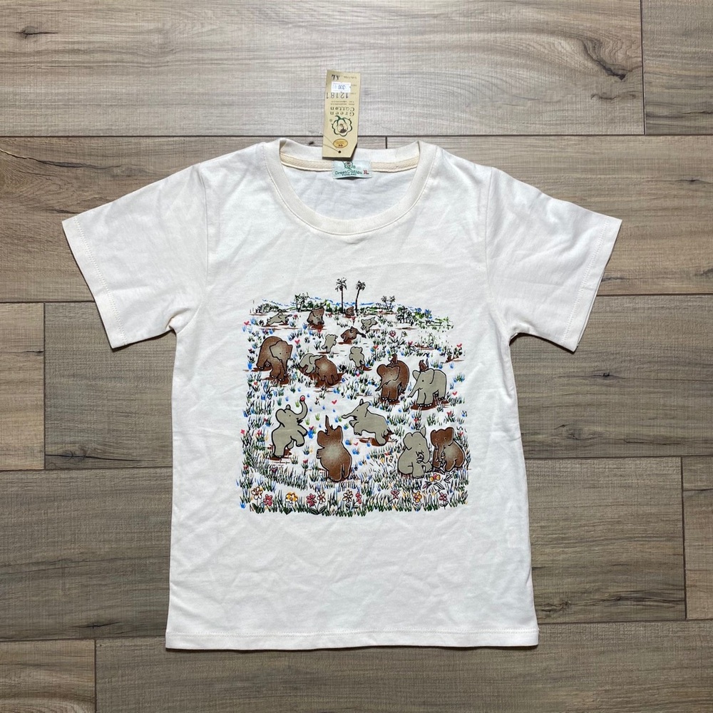 Green Cotton Thailand Girls Elephant Graphic Short Sleeve Shirt Size XL‎ Cream